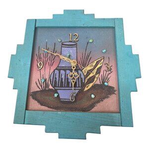 Southwest Wooden Wall Clock Sand Painting Turquoise Accents Pottery Vase WORKS